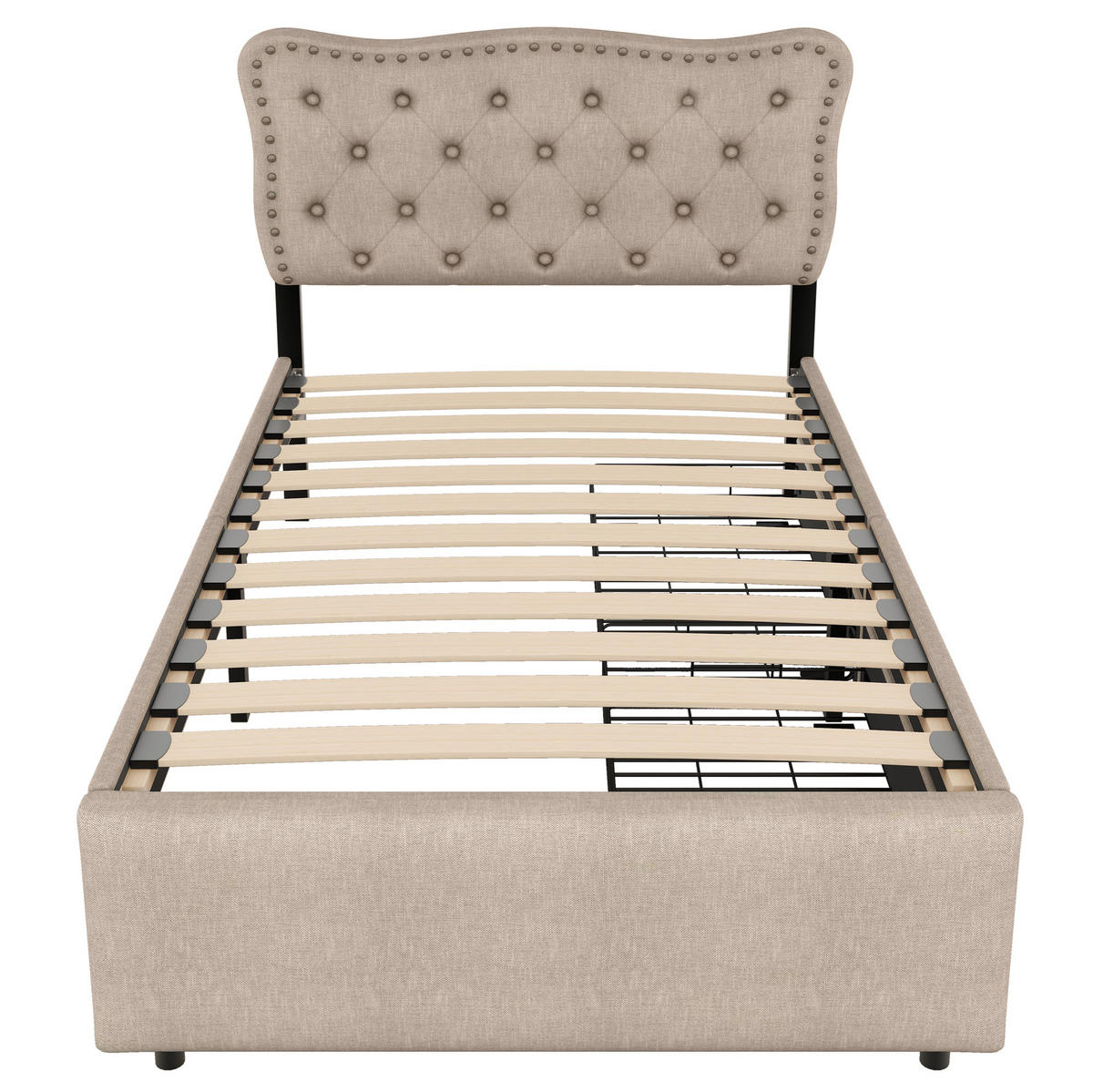 POLSTERBETT 90/200 cm mit 2 Schubladen und gepolstertem Kopfteil in Dunkelbeige - Beige, Textil (90/200cm) - BEAOK