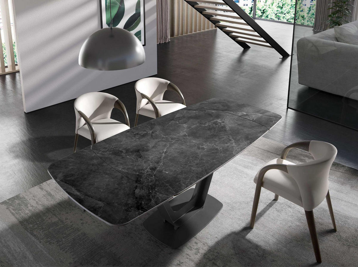 ESSTISCH Ausziehbarer Esstisch ovales Fass porzellanmarmor aus schwarzer Epoxidstahl Ø160/100/76 cm - Schwarz, Stein (100/160/76cm) - ANGEL CERDA
