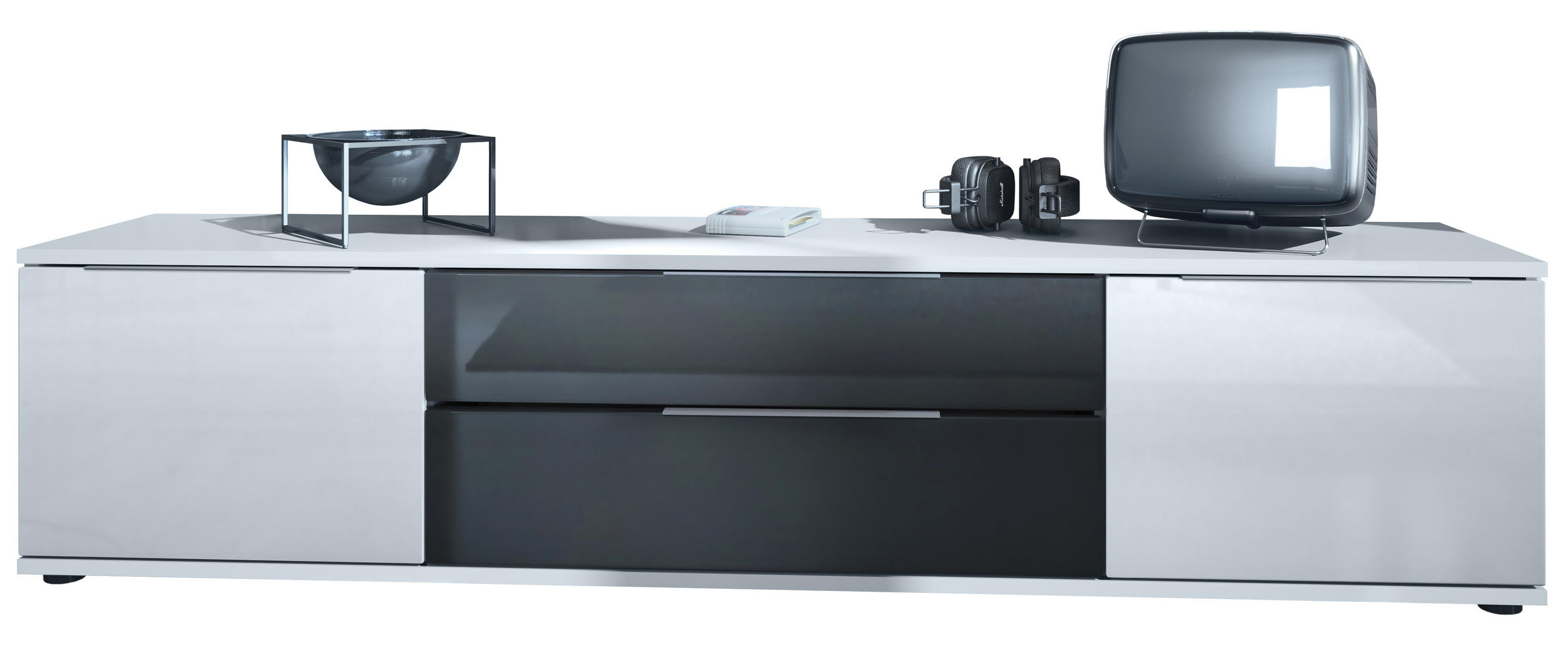 Vladon Lowboard Weiß Hochglanz, Schwarz 166.5x37.5x35 cm