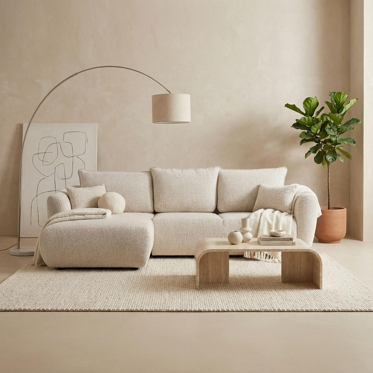 ECKSOFA Fabio mit Bettkasten, Strukturiert Ecru 255/165/91 cm - Ecru/Schwarz, Textil (255/165cm) - WFL GROUP