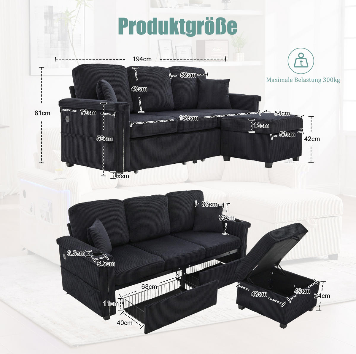 ECKSOFA Corduroy mit LED und USB-Anschluss Stauraum-Schubladen 194/73/81 cm Schwarz - Schwarz, Textil (73/194cm) - Redom