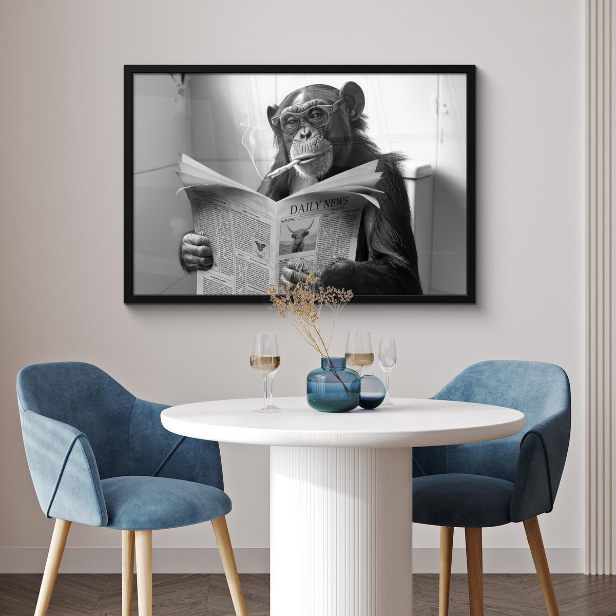 POSTER MIT RAHMEN Affe - WC - Zeitung - Schwarz-Weiß - Humor 90x60 cm - Hellgrau, Papier (90/60cm) - MuchoWow