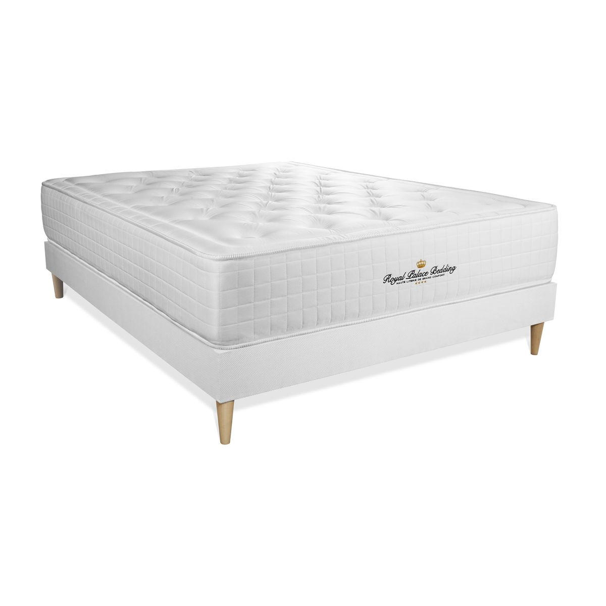 BETT Buckingham Memory-Schaum 140 x 190 cm h1 - Kit Bettgestell Weiß - Mit Kissen und Bettdecke - Beige/Weiß, Karton/Holz (140/190cm) - ROYAL PALACE BEDDING
