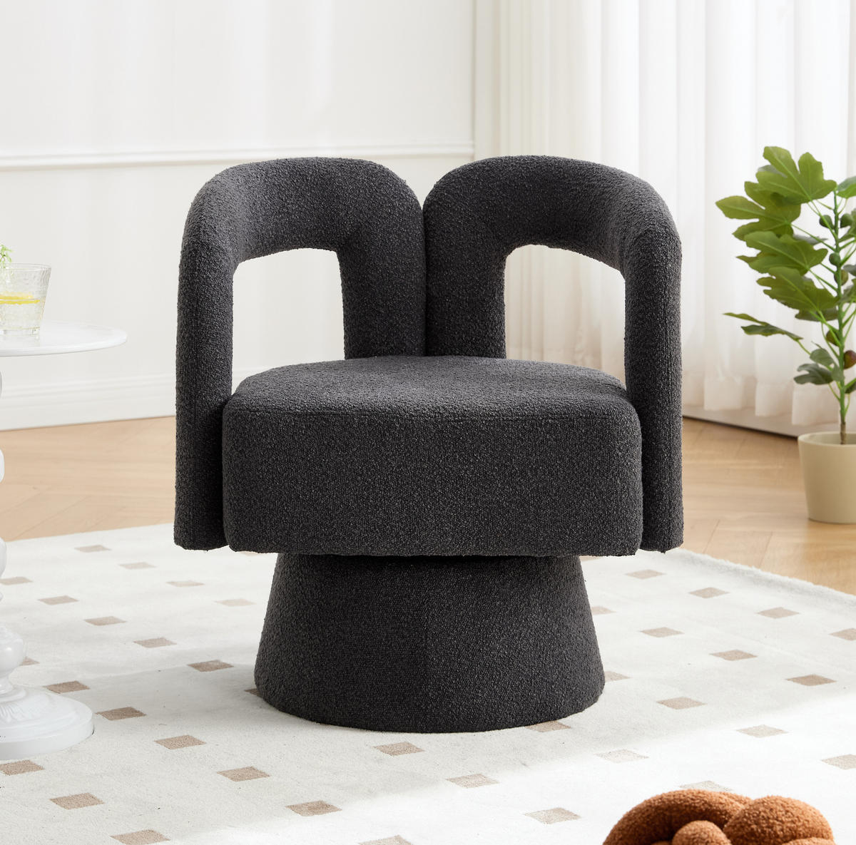 OTOČNÉ kreslo 55/67/74 cm tmavosivé z bouclé s 360° otáčaním a čalúnenými podrúčkami - tmavosivá, textil (55/74/67cm) - OKWISH