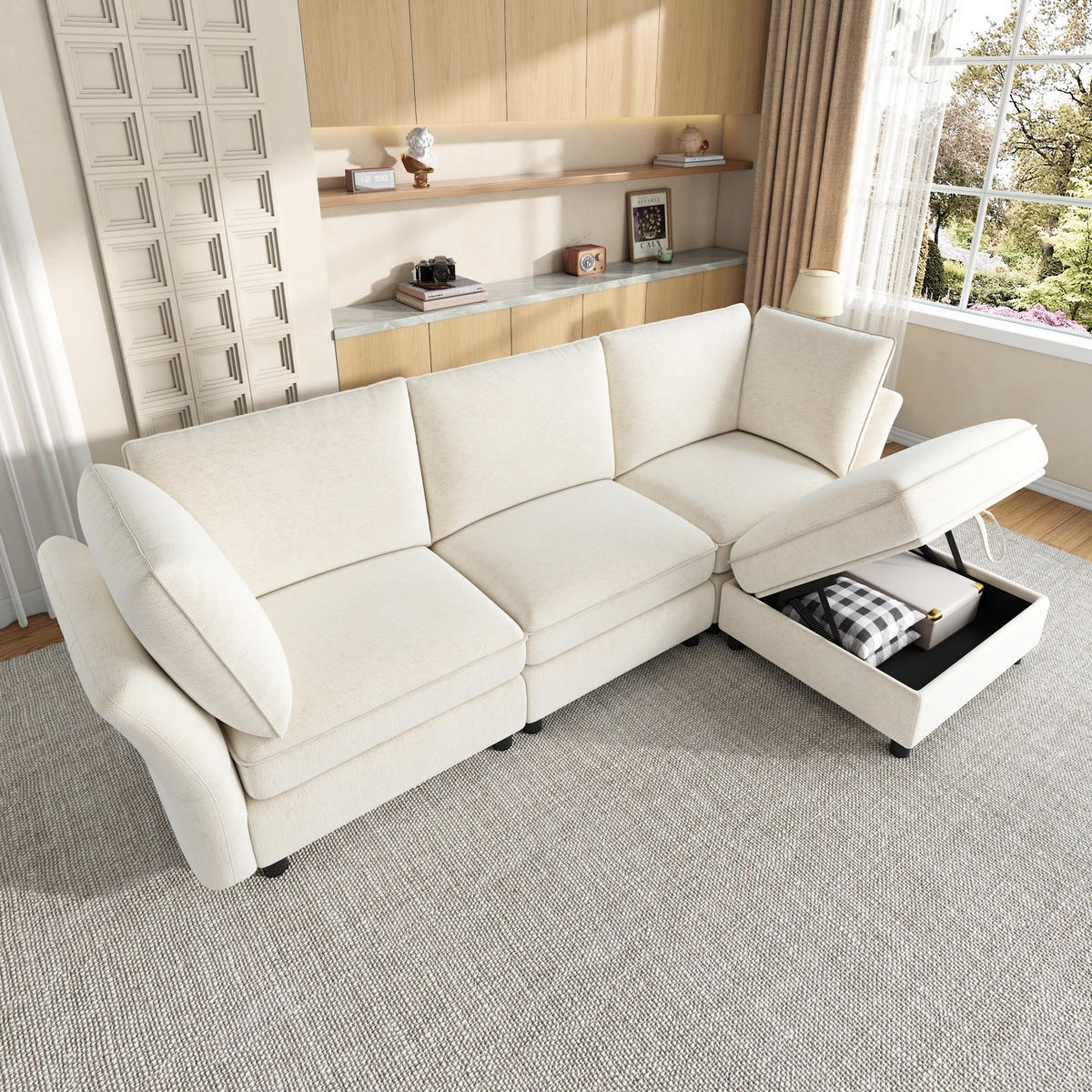 KUTNA SOFA s 4 sjedala u bež boji s tabureom sa spremnikom, od šenila - bež/crna, drvni materijal/tekstil (225/137cm) - CHICFURN