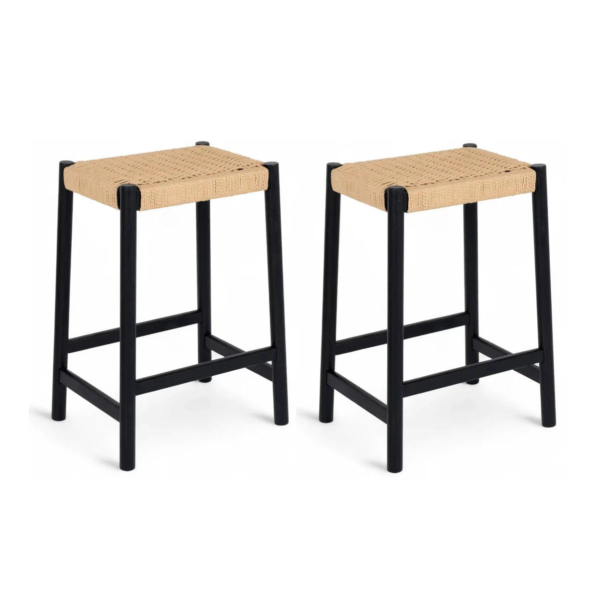 BARHOCKER-SET 2 Stück in Rattan / Eiche Schwarz - Beige/Schwarz, Holz/Papier (44/66/37cm) - Furnhouse