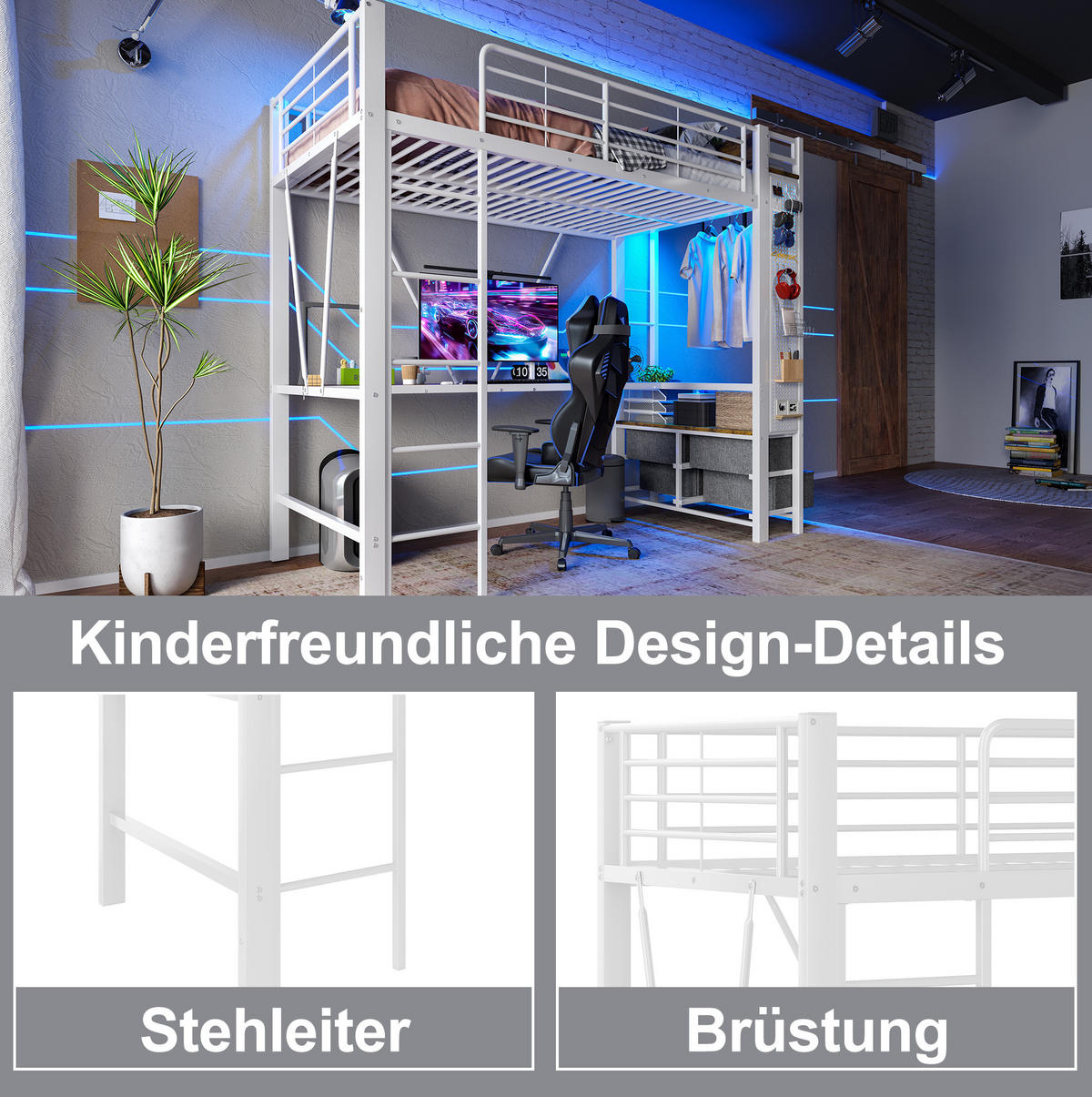 HOCHBETT 90/200 cm Weiß aus Metall mit Schreibtisch - Weiß, Metall (90/200cm) - OKMYHOME
