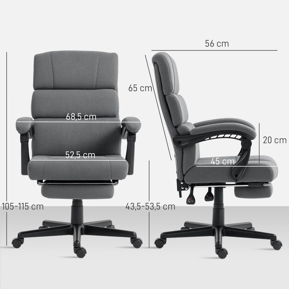 BÜROSTUHL, Ergonomischer Schreibtischstuhl mit Samt-Optik Fußstütze Dunkelgrau - Dunkelgrau, Textil (56/115/68.5cm) - HOMCOM