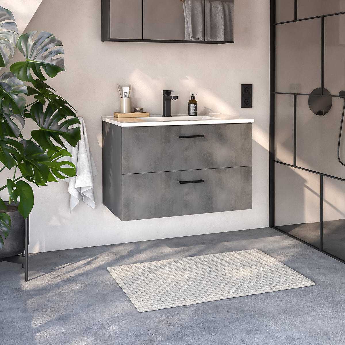 WASCHTISCH - Beton Dunkel Dekor / Graphit - Grau, Keramik/Holzwerkstoff (80/54/48cm) - home24