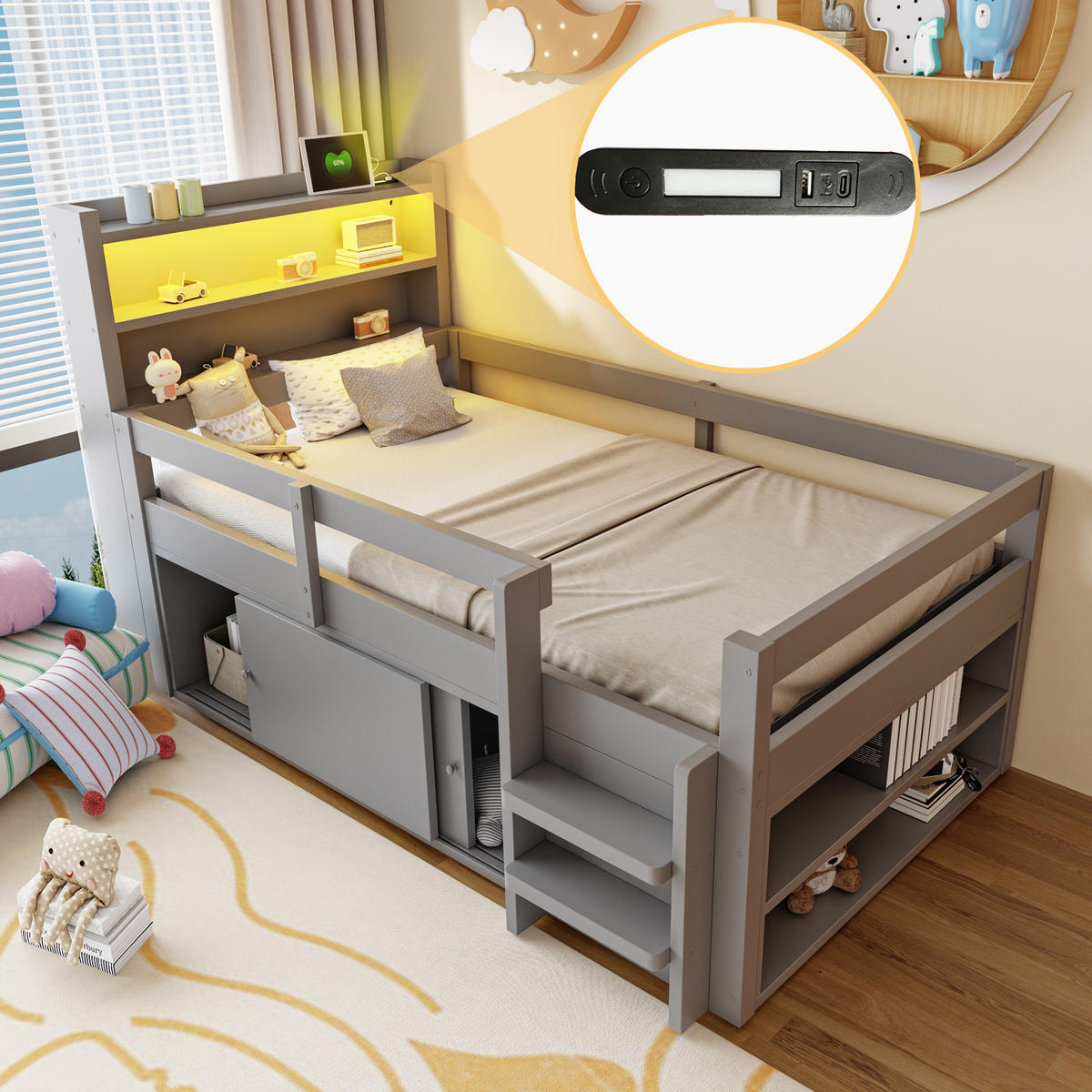 HOCHBETT 90/200 cm in Grau aus Holz mit LED, USB, Stauraum und Schutzgittern - Grau, Holz/Holzwerkstoff (90/200cm) - WISHDOR