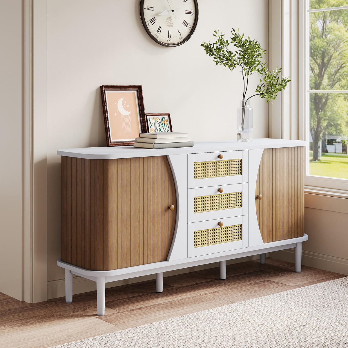 SIDEBOARD Rattan Schiebetüren gewölbt - Weiß, Holz (140.5/76/40cm) - Fortuna Lai