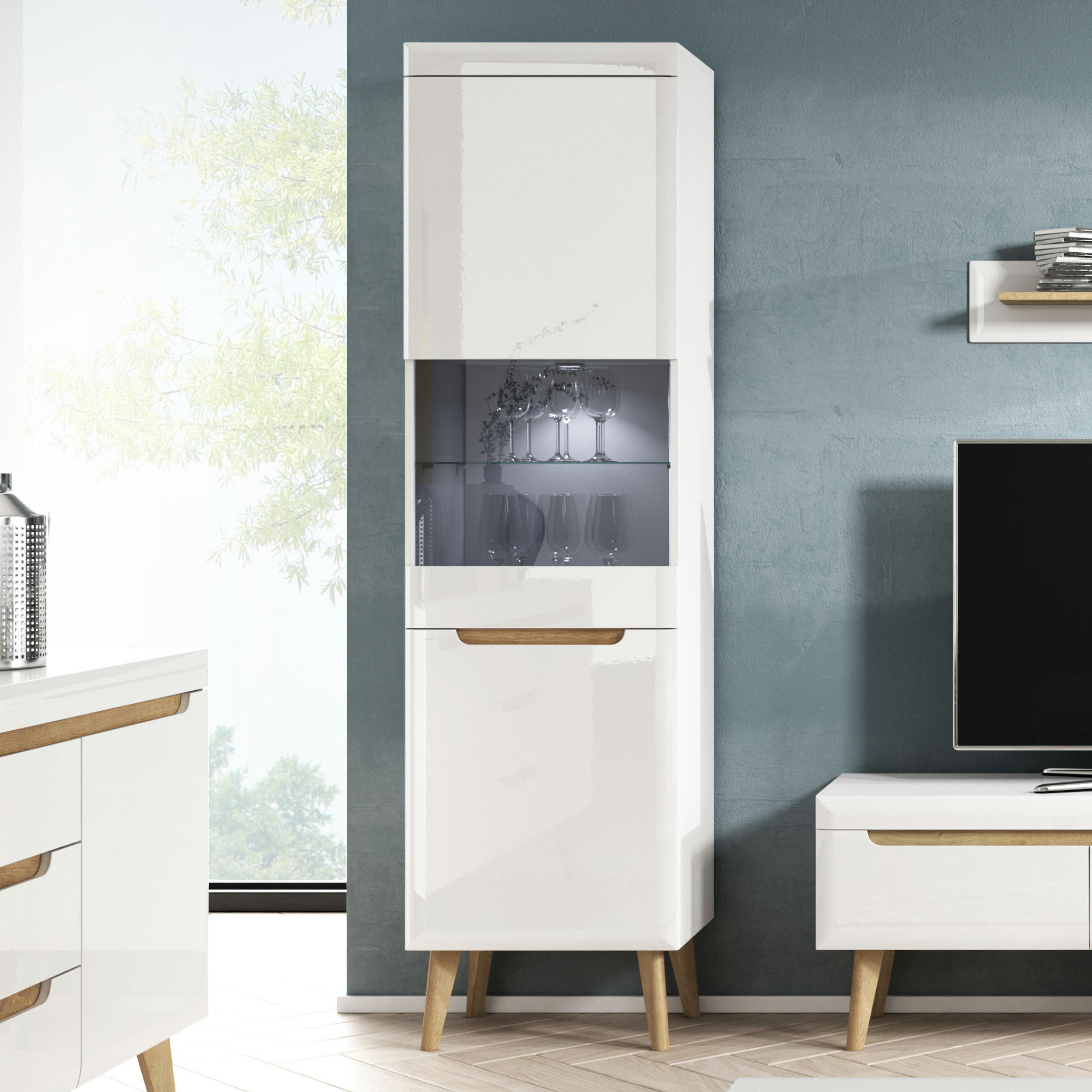 VITRINE SUDBURRY WIT1-2D Fronten, in Hochglanz aus MDF-Platte, Weiß - Weiß, Holz/Holzwerkstoff (53/197/40cm) - Komodee