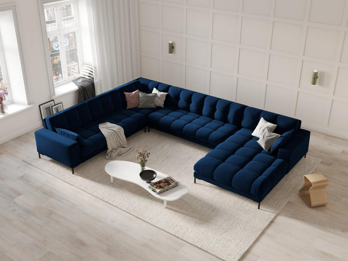 PANORAMASOFA links Mamaia aus Samt königsblau 7 Sitzplätze - Dunkelblau, Textil (256/75/327cm) - Micadoni