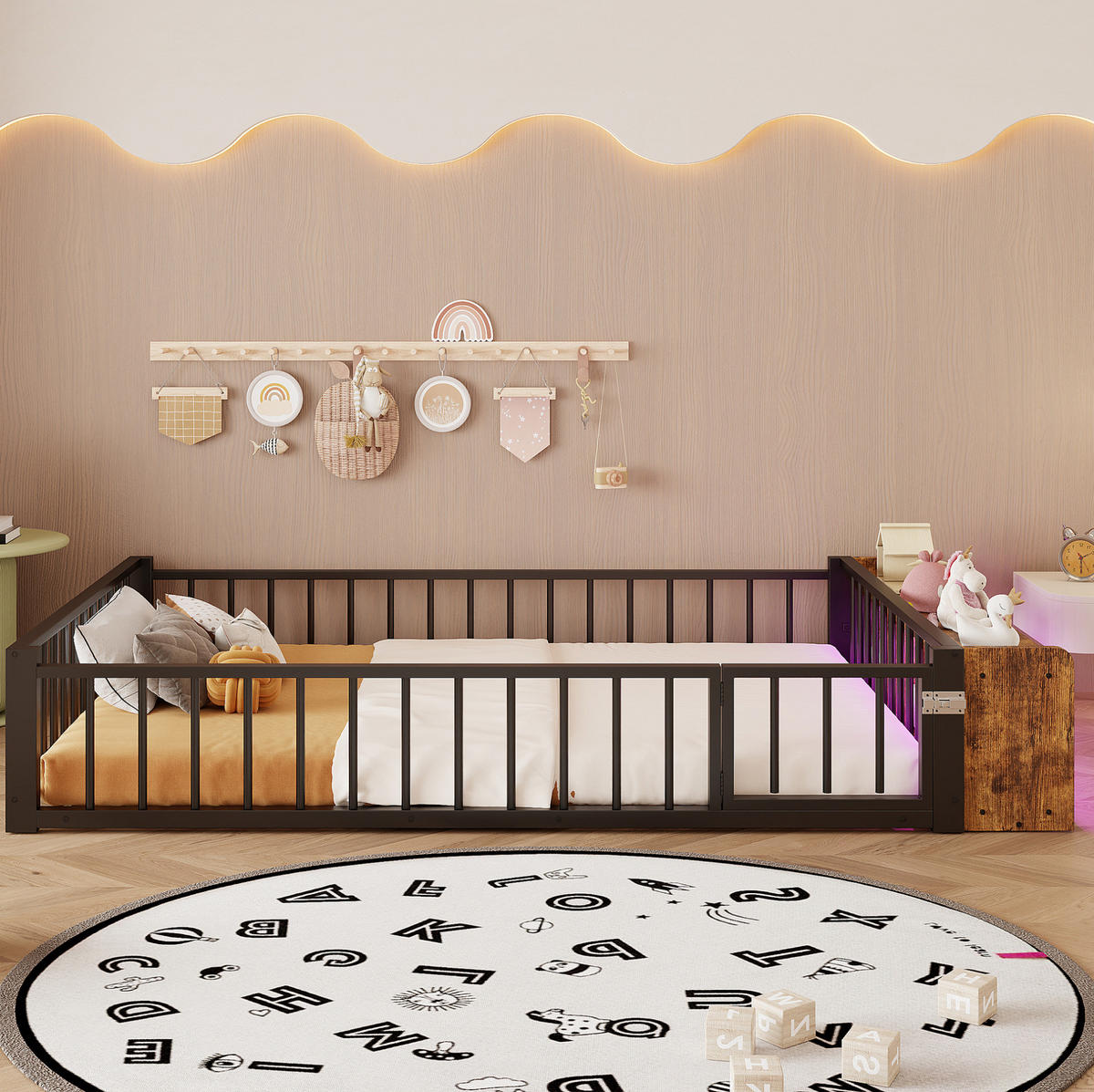 KINDERBETT 224/145/35,5 cm aus Metall und MDF mit Schutzgeländer und LED-Beleuchtung Schwarz - Schwarz, Holzwerkstoff (140/200cm) - Modenvie