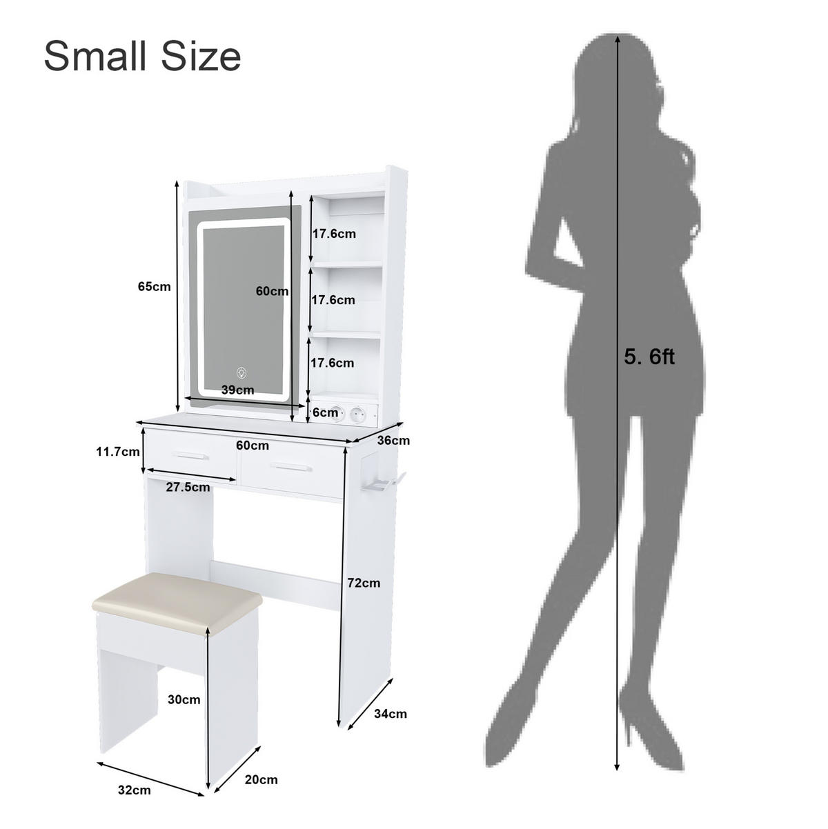 SCHMINKTISCH aus MDF 60x36x136 cm Weiß mit LED-Beleuchtung, USB, Steckdosen, Stauraum und gepolstertem Hocker - Weiß, Holzwerkstoff (60/136/36cm) - Modfu