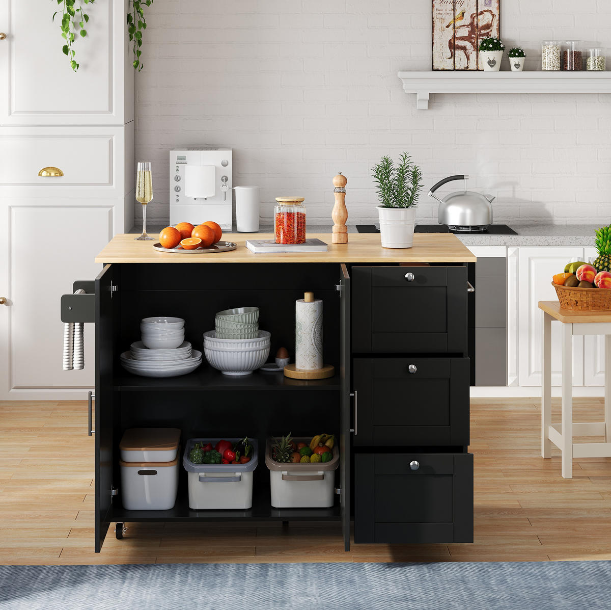 KÜCHENINSEL klappbar 135x70 cm MDF Black/Natural - Schwarz, Holz (44/90/135cm) - Beauniv