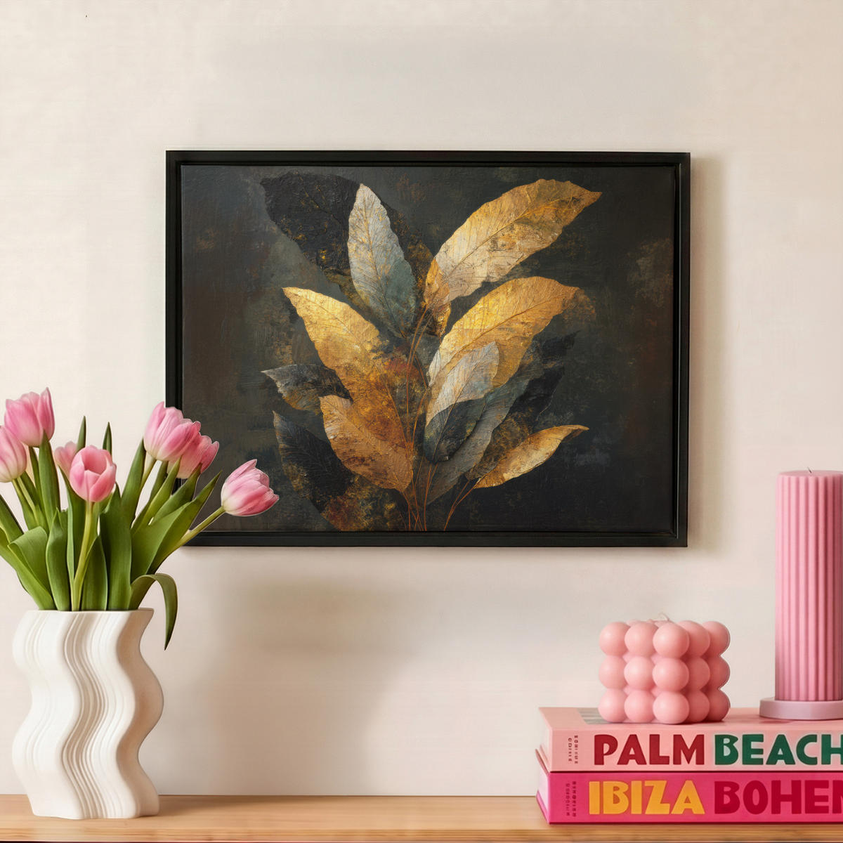 LEINWAND Bilder mit Rahmen - Golden Leaf Komposition - Botanical Luxury - 40x30 - Goldfarben, Textil (40/30cm) - MuchoWow