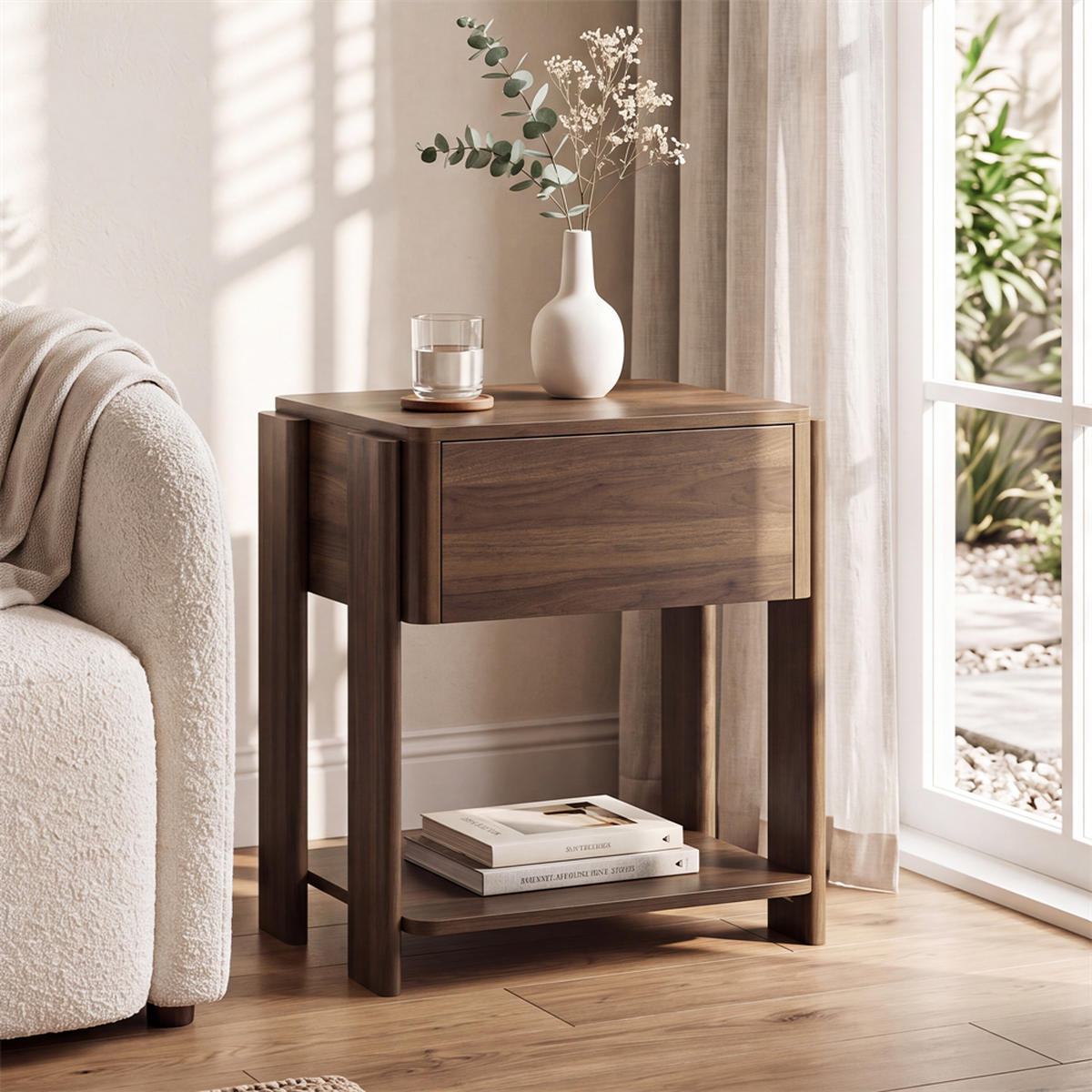 NACHTTISCH 48x39x56 cm mit 1 Schublade und Unterer Ablage - Abgerundetes Design - Robuste Holzbeine - Walnuss - Walnussfarben, Holzwerkstoff (39/56/48cm) - DELFA