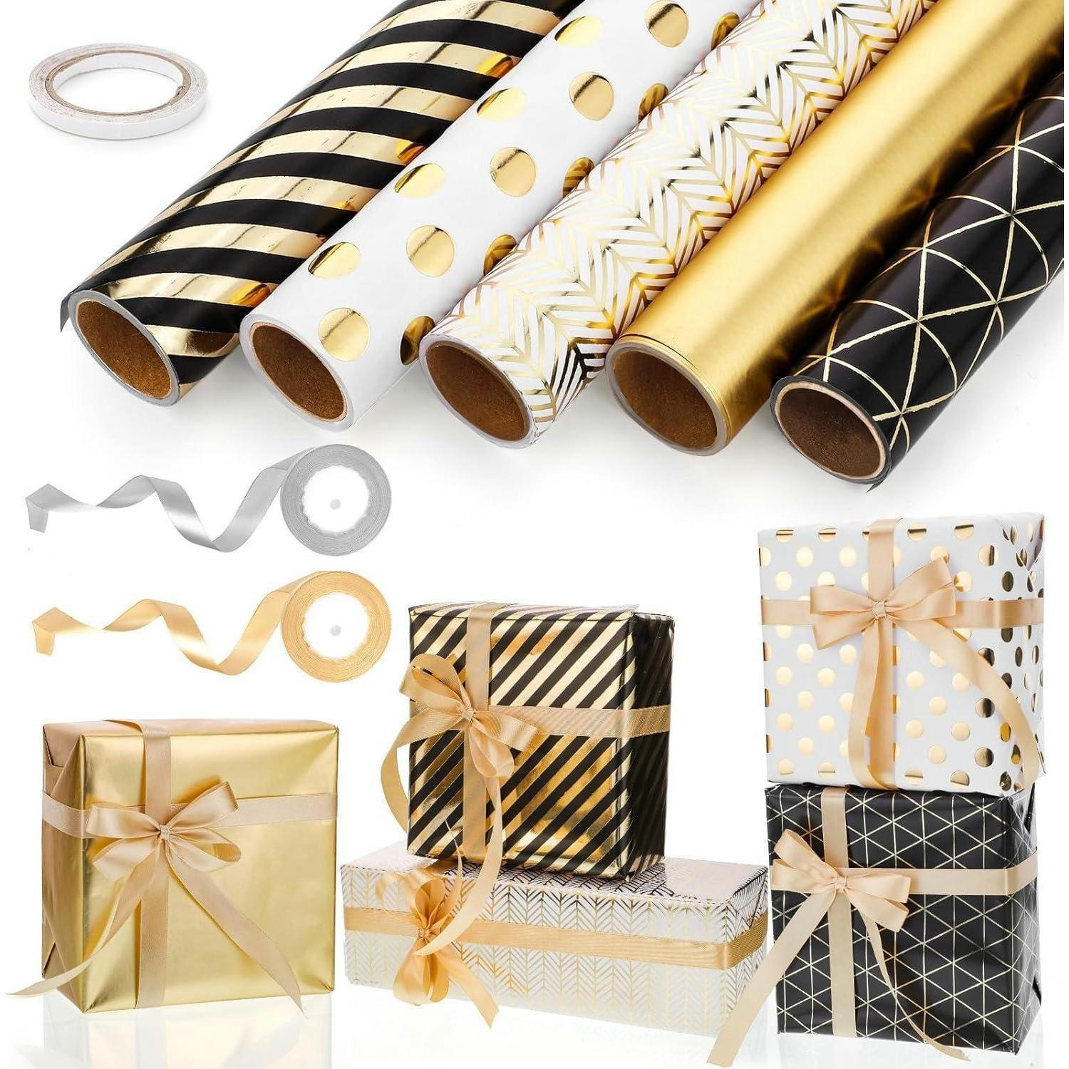 GESCHENKPAPIER Set 5 Rollen Schwarz Gold 43 cm x 3 m - Multicolor, Papier (43/43/300cm)