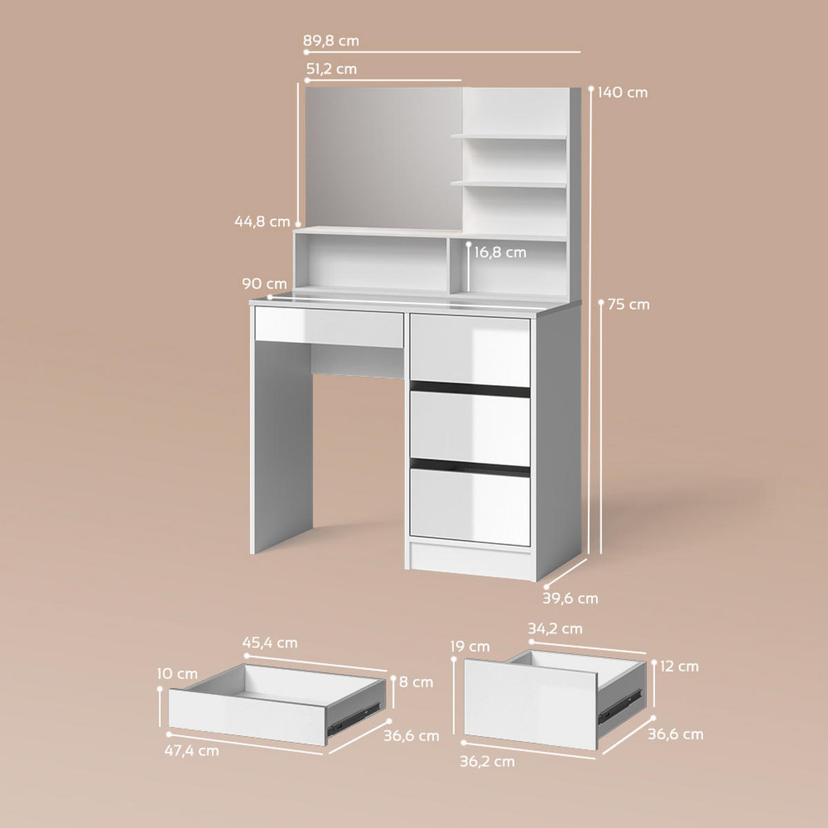 SCHMINKTISCH Imola Weiß 140 cm mit Spiegel - Weiß, Holzwerkstoff (140/75/40cm) - Livinity®