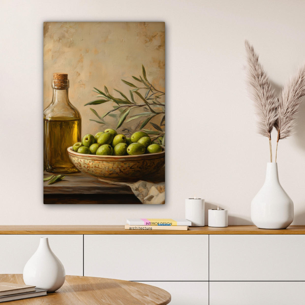 LEINWANDBILD Oliven - Stilleben - Vintage Wanddeko Schlafzimmer 60x90 cm - Olivgrün, Textil (60/90cm) - MuchoWow