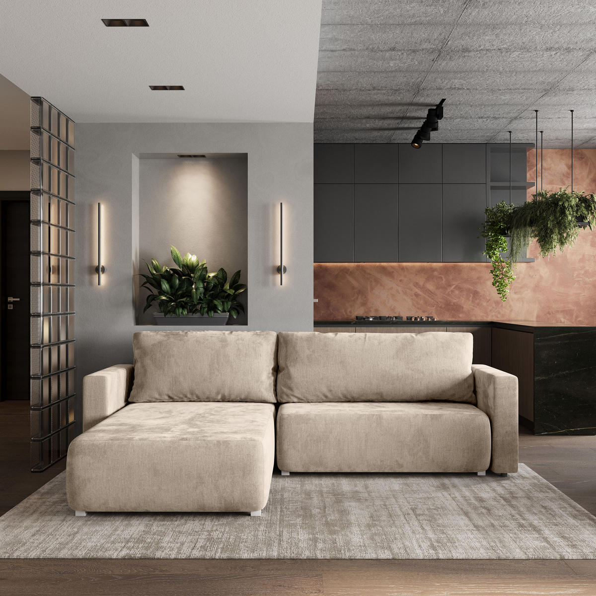 ECKSOFA TURIN M Creme Velours-Stoff mit Schlaffunktion - Creme/Grau, Holz/Kunststoff (265/183cm) - MASSENO