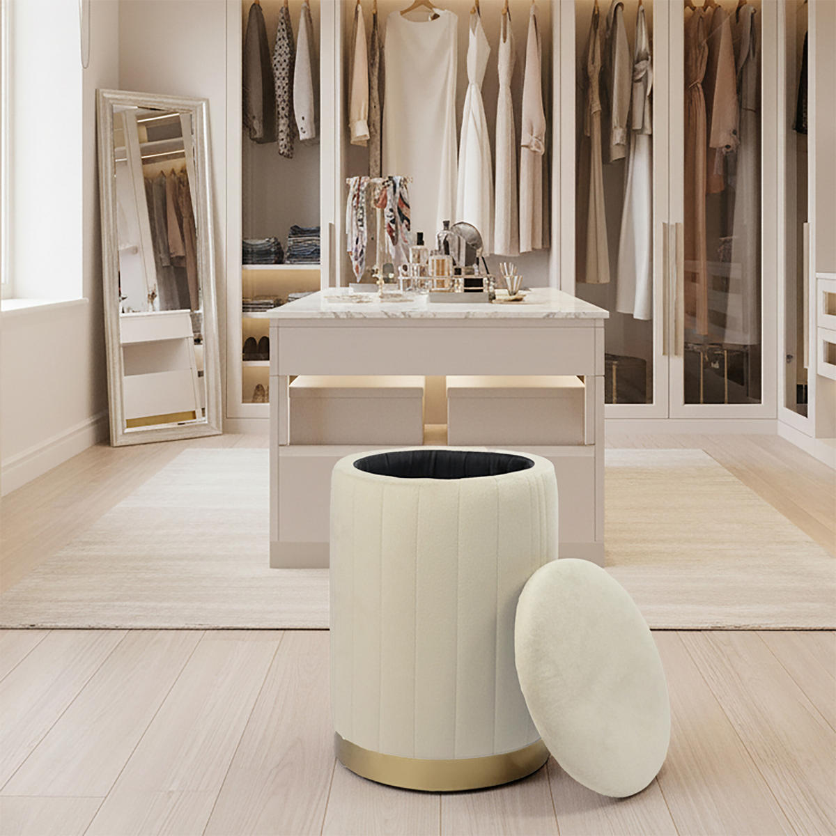 HOCKER Beige Samt mit Stauraum Metallfuß Gold - Beige, Holzwerkstoff/Textil (32/42/32cm) - Relaxdays
