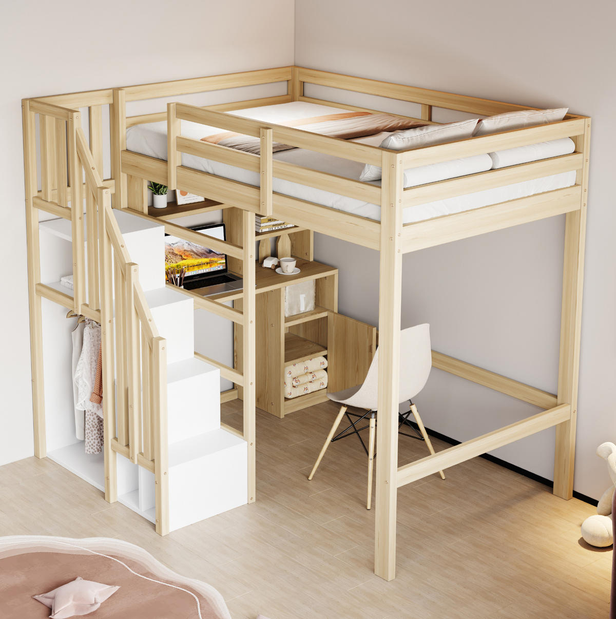 HOCHBETT aus Holz 90x200 cm Naturfarbe mit Schreibtisch, Regalen, Schränken und Treppe mit Stauraum - Naturfarben, Holzwerkstoff (140/200cm) - Modfu
