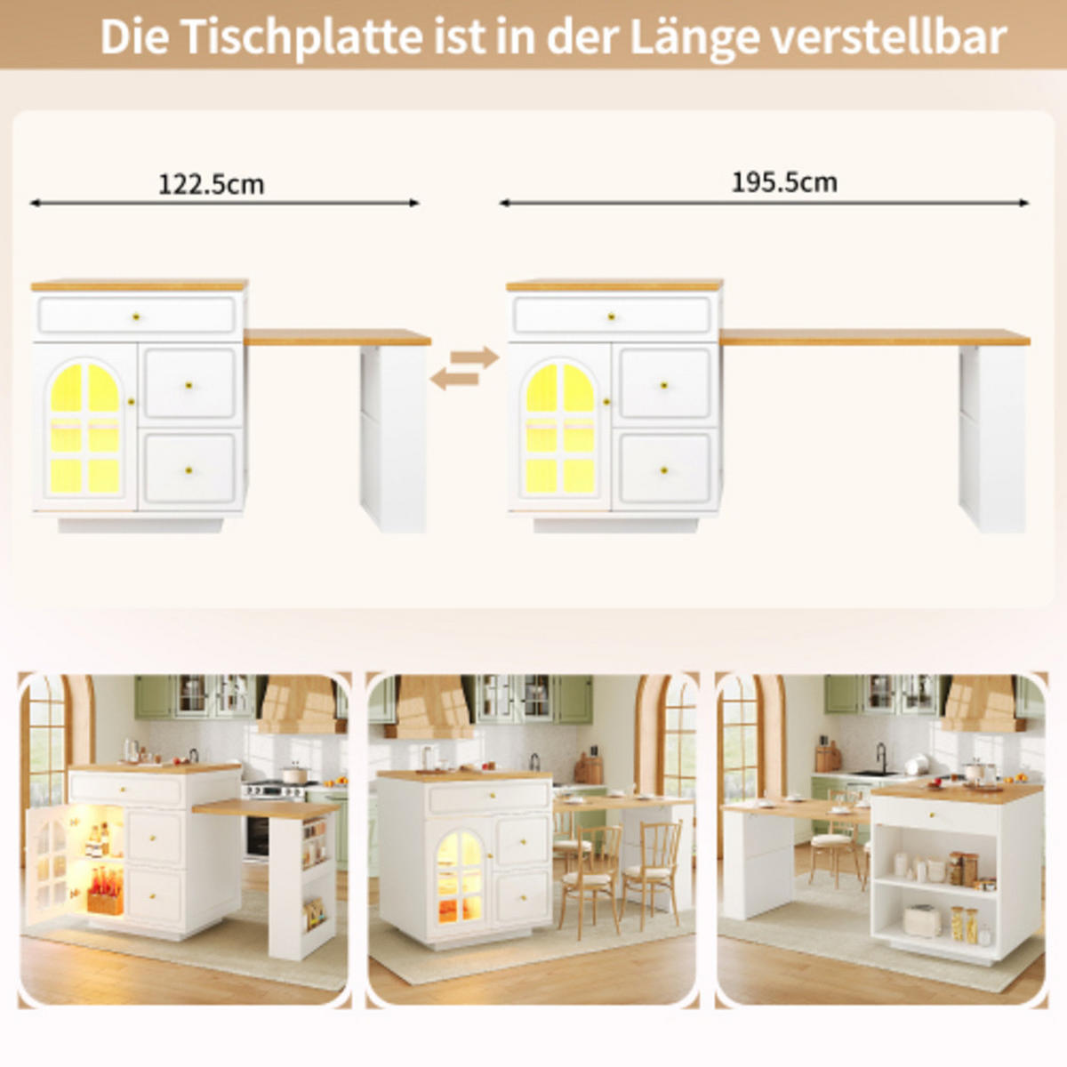 KÜCHENINSEL 122,5-195,5x59x93,5 cm aus MDF mit ausziehbarer Tischplatte, RGB-LED-Leiste, Glastür und goldenen Metallbeschlägen, weiß - Weiß, Holzwerkstoff (195.5/93.5/59cm) - Luhomfu