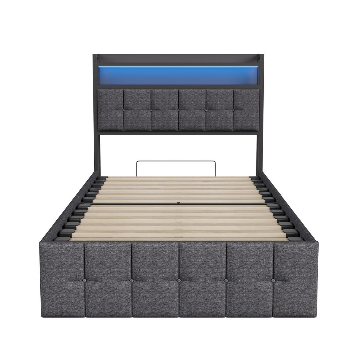 POLSTERBETT 90x200 cm Grau mit LED Beleuchtung, Kopfteil mit Ablage und USB/Type-C, Stauraumbett hydraulisch - Grau, Metall (90/200cm) - EuroLiving