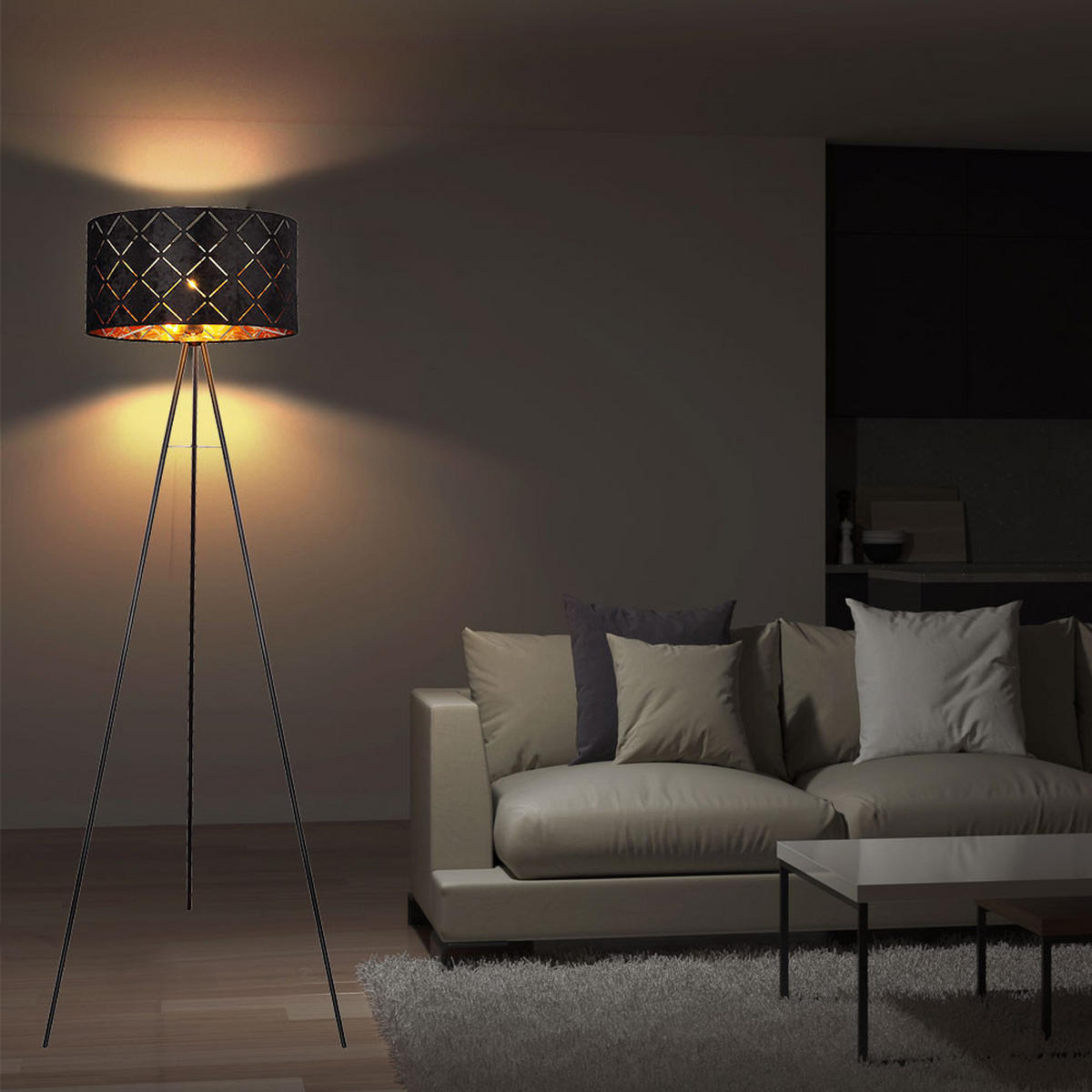 LED STEHLEUCHTE SUNNA schwarz-gold Metall Textil - Goldfarben, Metall (69/69/149cm) - Globo Lighting