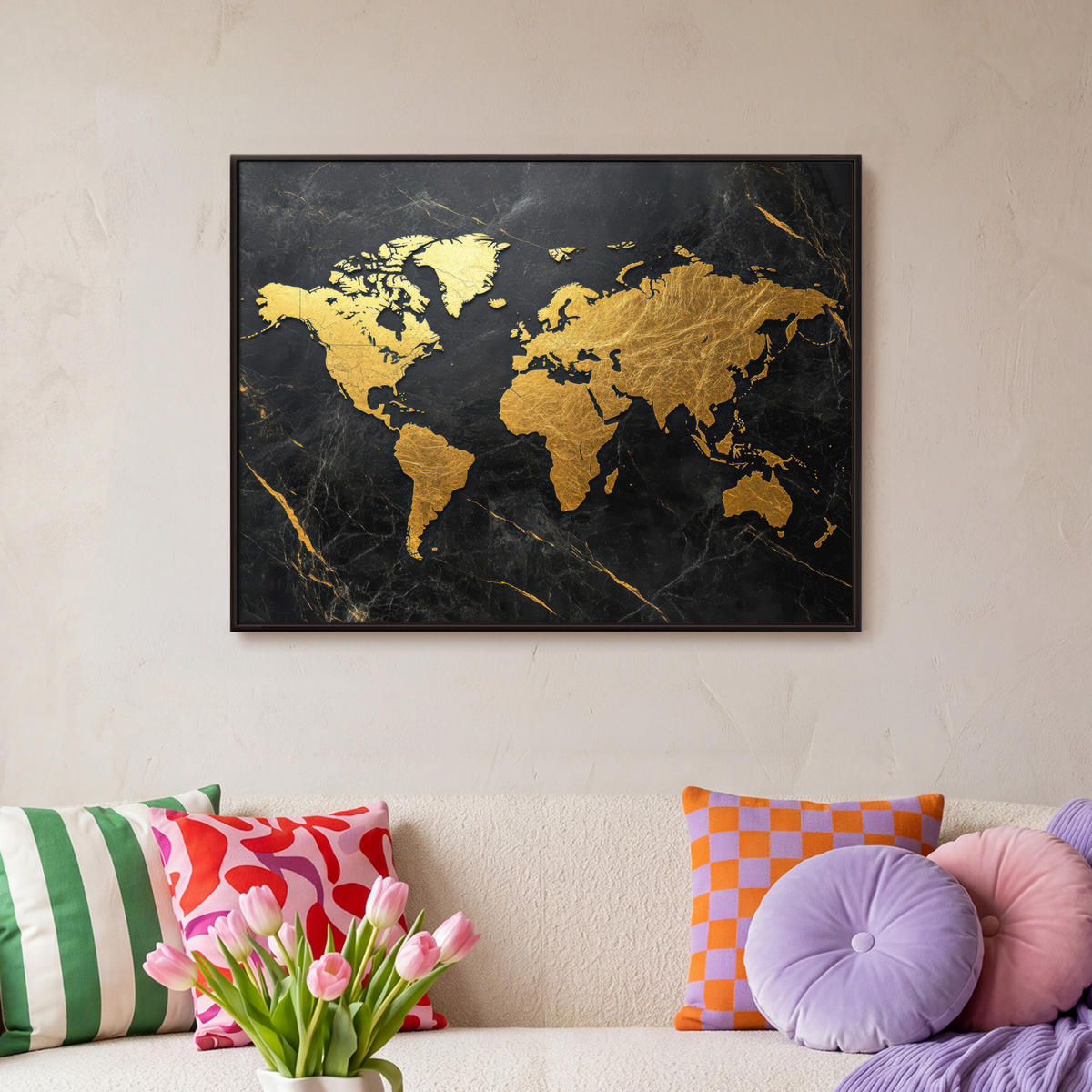 LEINWAND Bilder mit Rahmen - Weltkarte - Gold - Marmor - 70x50 - Goldfarben, Textil (70/50cm) - MuchoWow