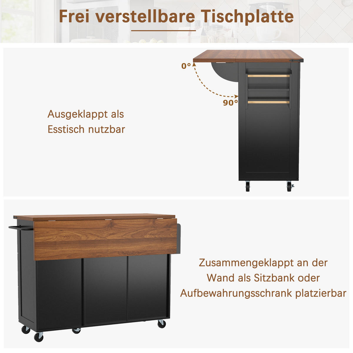 KÜCHENINSEL 140/73/92,5 cm Schwarz mit Klappplatte, 3 Schubladen, 2 Türen und Rollen - Schwarz, Holz/Holzwerkstoff (140/92.5/45cm) - Oxeza