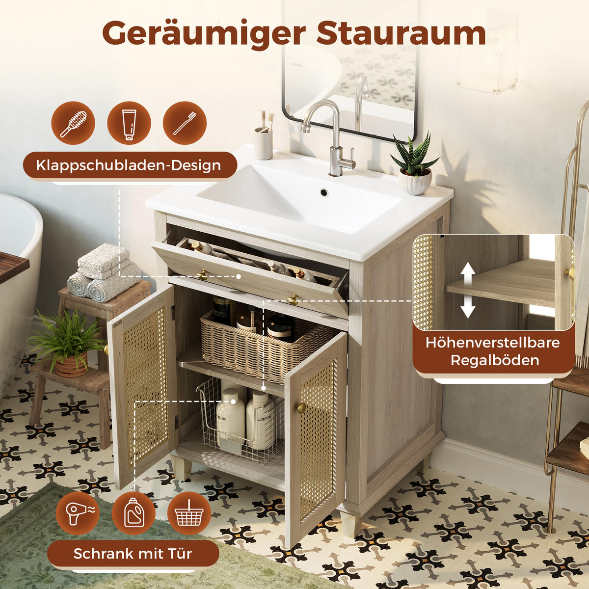 BADEZIMMERSCHRANK Rattan Türen Klappschublade Verstellbare Böden 61cm - Naturfarben, Keramik (61/87/47cm) - FLIEKS