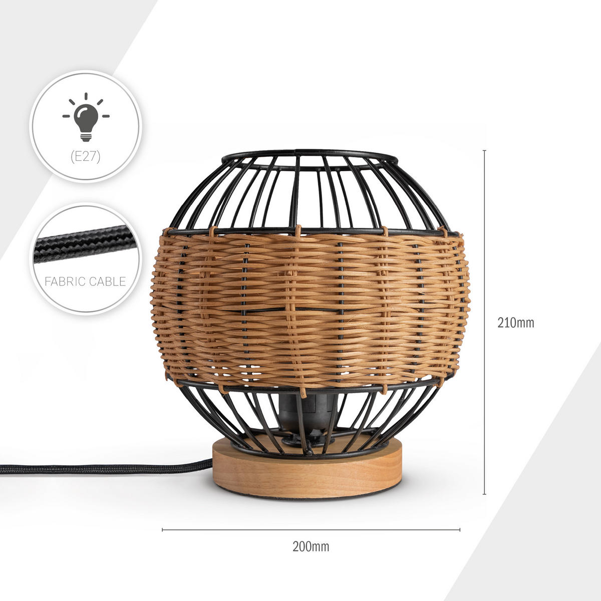 TISCHLAMPE Puglo - Schwarz/Naturfarben, Metall (20/20/21cm) - Paco Home