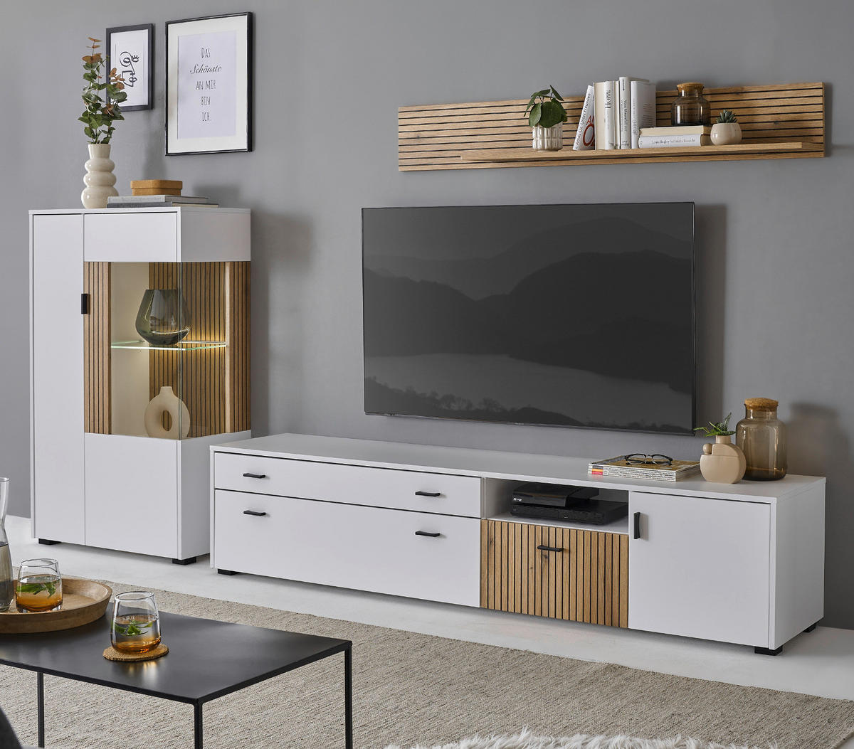 WOHNWAND 3-teilig weiß matt, Eiche 285 cm, Wohnkombination mit Soft-Close - Eichefarben/Schwarz, Glas/Holzwerkstoff (285/170/42cm) - Furn.Design