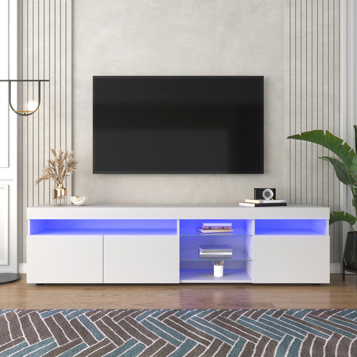 LOWBOARD in Weiß mit LED-Beleuchtung und Stauraum für Wohn- und Esszimmer, B180/T35/H48cm - Weiß, Glas/Holzwerkstoff (180/45/35cm) - STILVORA