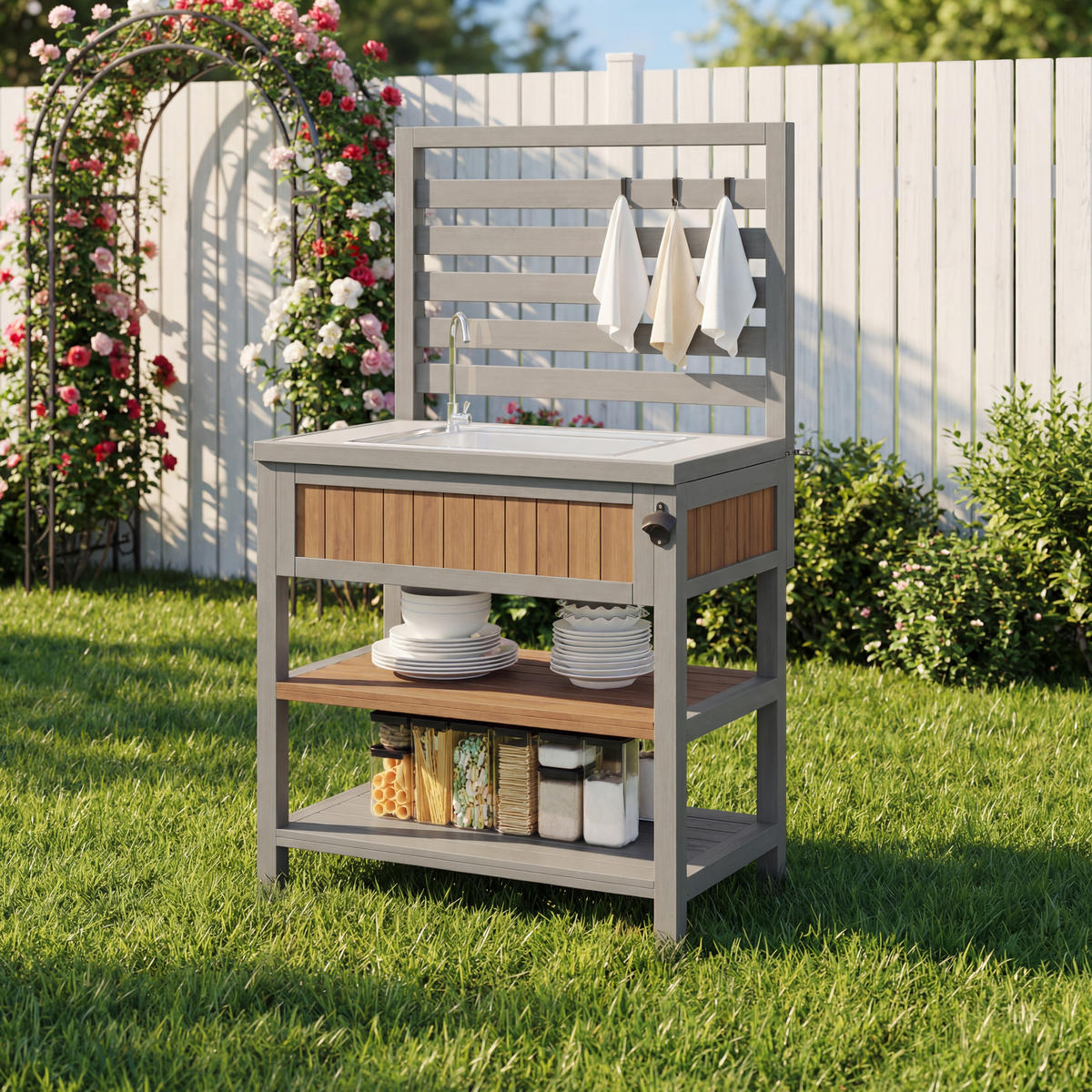 GARTENSCHRANK Outdoor Wasserhahn Flaschenöffner Arbeitsfläche - Naturfarben, Holz (51/141/80cm) - FLIEKS