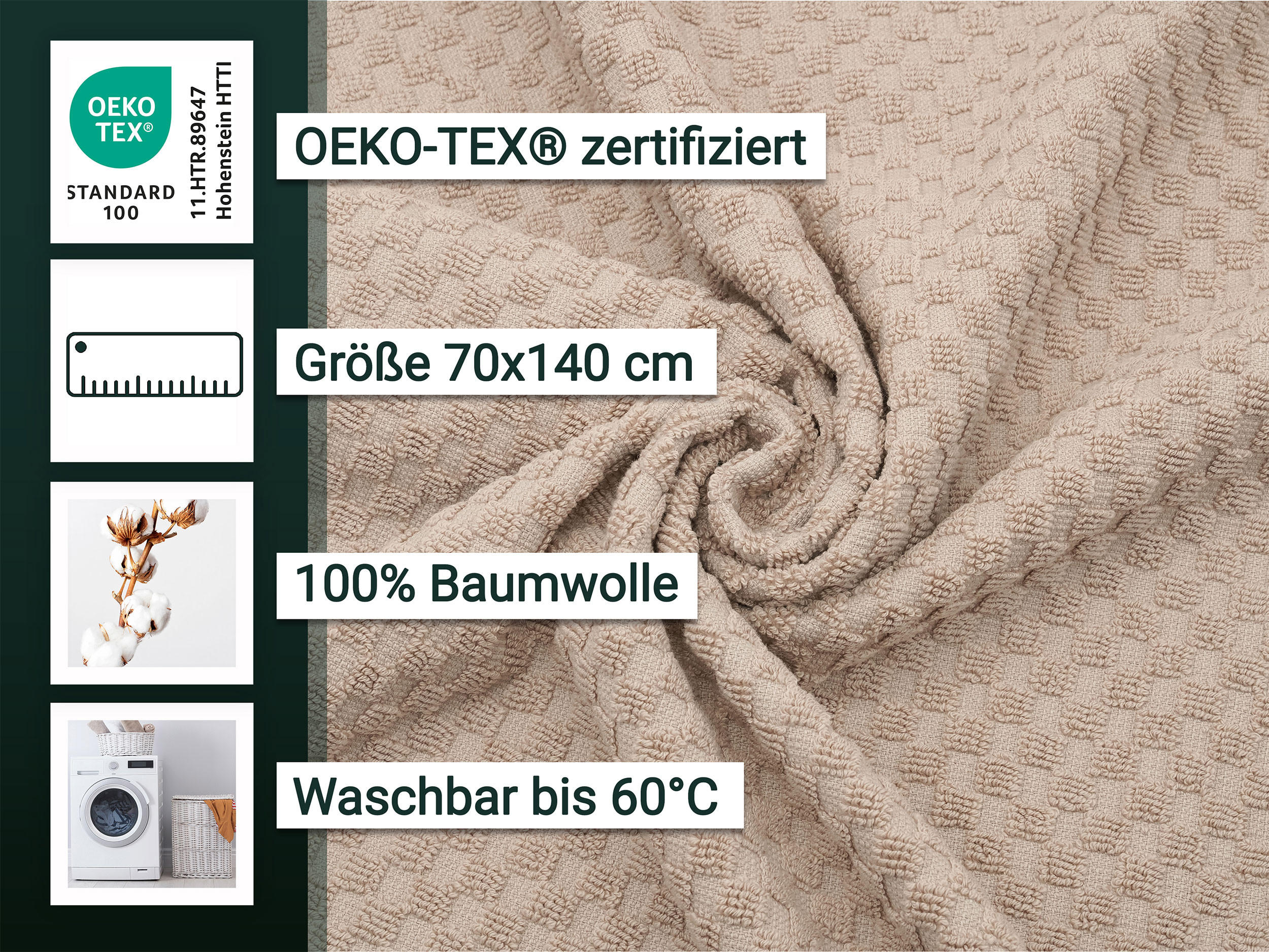 DUSCHTÜCHER, 5er-Set, 70x140 cm, 100% Baumwolle, Beige - Cappuccino, Textil (70/140cm) - Zollner