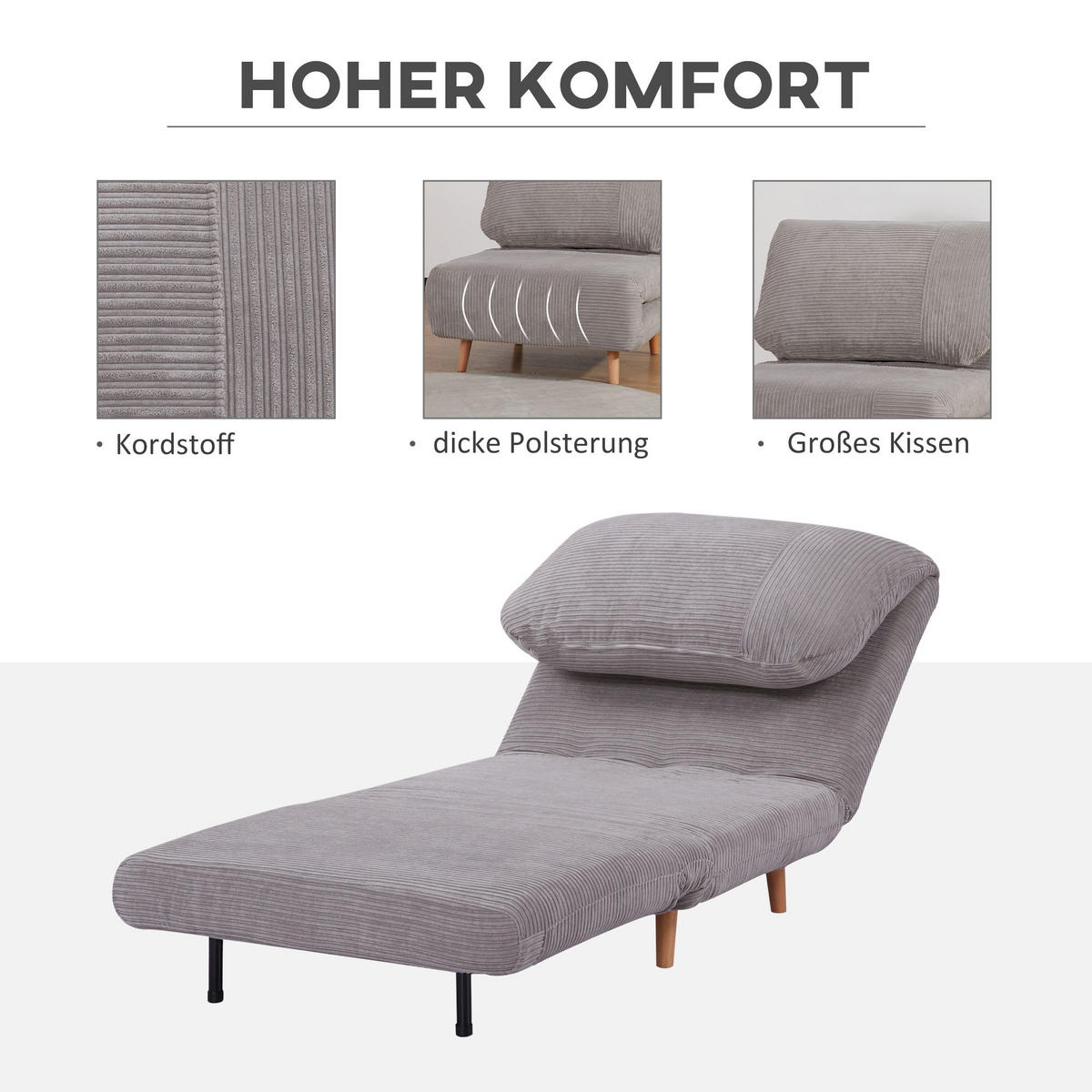 SCHLAFSESSEL, Holz, Kordsamt, Hellgrau - Hellgrau, Holz (89/83/82cm) - HOMCOM