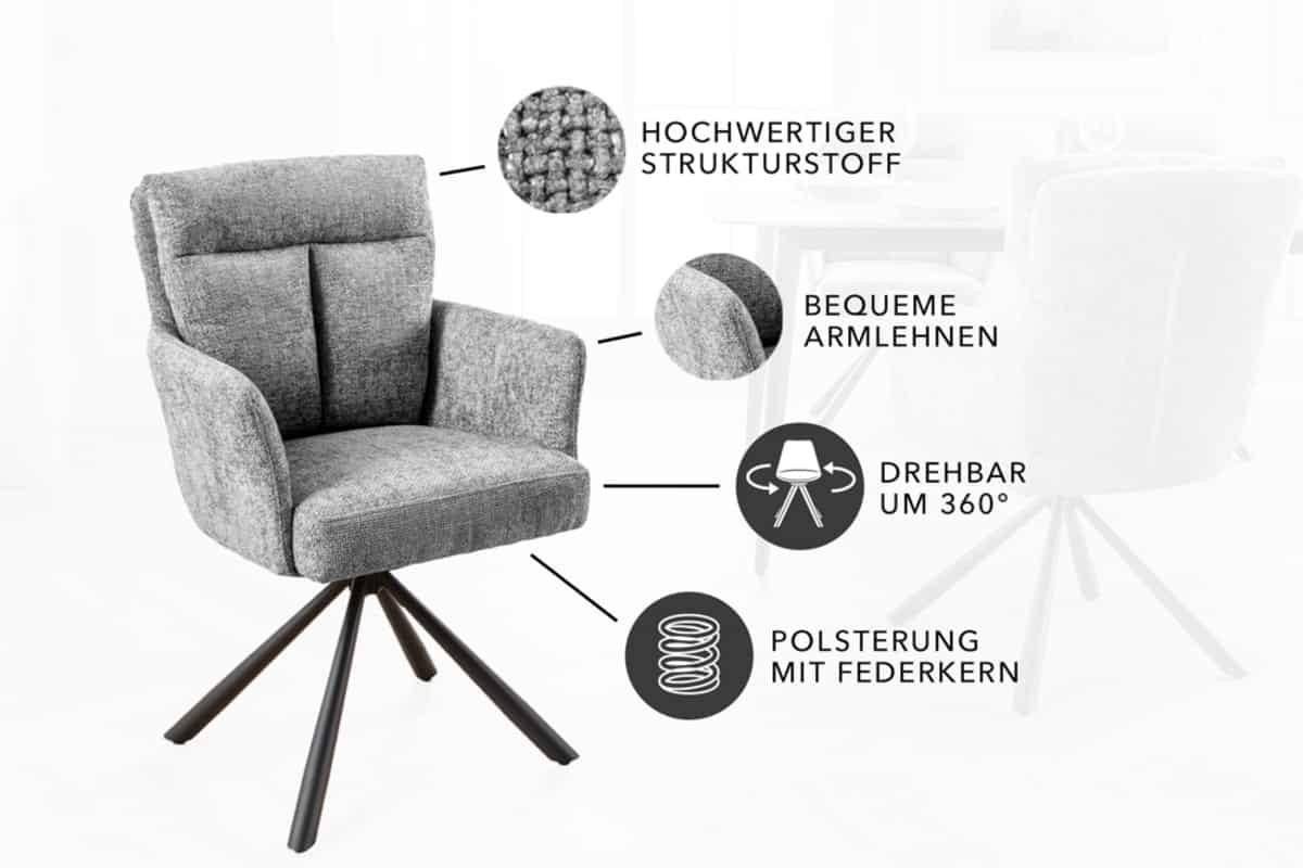 STUHL BIG GEORGE Strukturstoff Grau 95 cm - Schwarz/Grau, Textil/Metall (59/93/68cm) - riess-ambiente