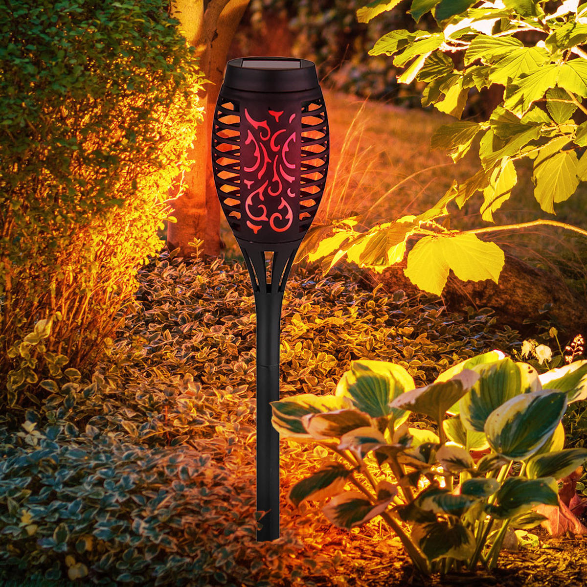LED AUSSENLEUCHTE Schwarz Solar Feuer-Effekt 4er Set - Schwarz, Kunststoff (7.5/7.5/50.5cm) - Globo Lighting