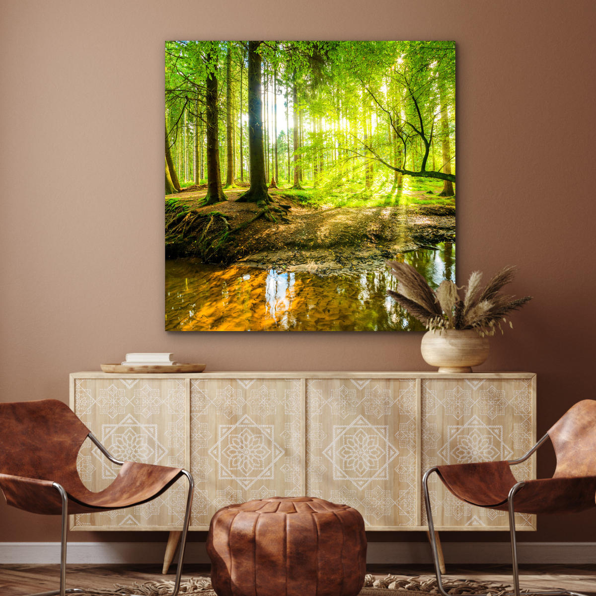 METALLBILD Wald - Landschaft - Wasser - Bäume - Sonne - Grün - Natur 90x90 cm - Grün, Metall (90/90cm) - MuchoWow