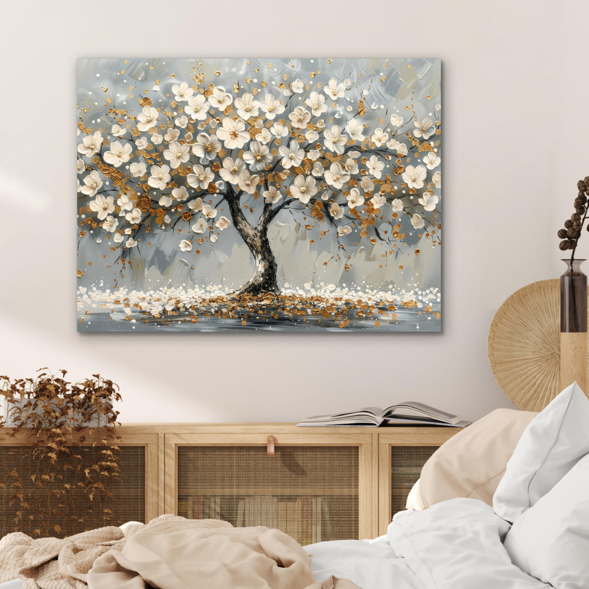 KOVOVÝ OBRAZ Strom - Kvety - Biela - Príroda - Umenie 80x60 cm - biela, kov (80/60cm) - MuchoWow