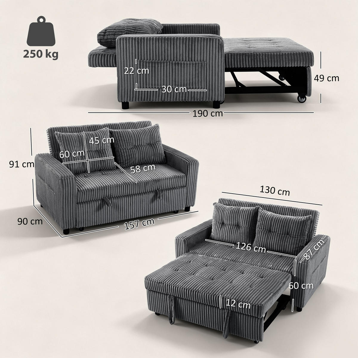 SCHLAFSOFA Polyester, Stahl Dunkelgrau - Dunkelgrau/Hellgrau, Holz/Kunststoff (90/91/157cm) - HOMCOM