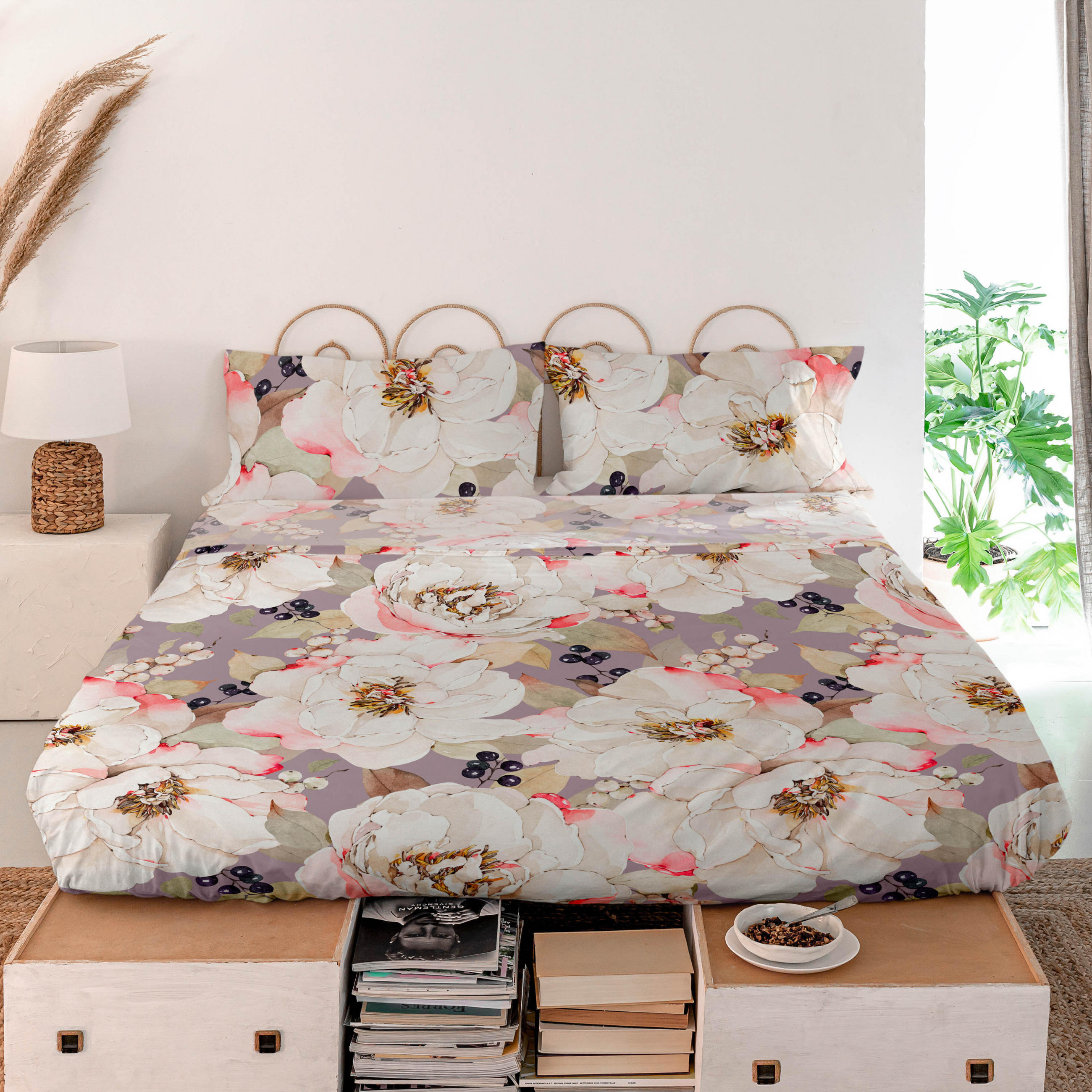 OBERBETTLAKEN white peonies 160x270 cm mehrfarbig - Multicolor, Textil (160/270cm) - Happy Friday