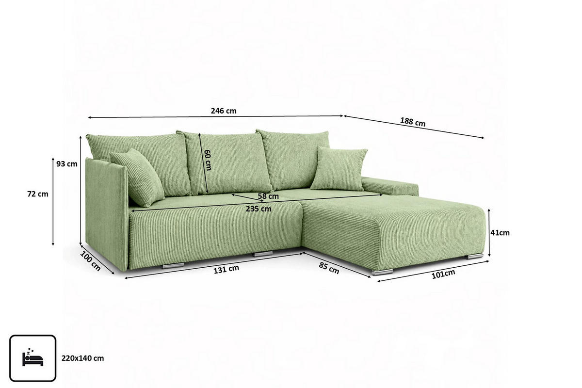 ECKSOFA L-Form Schlaffunktion Livorno Cord-Stoff Hellgrün Rechts - Chromfarben/Schwarz, Holz/Kunststoff (246/188cm) - Kaiser Möbel