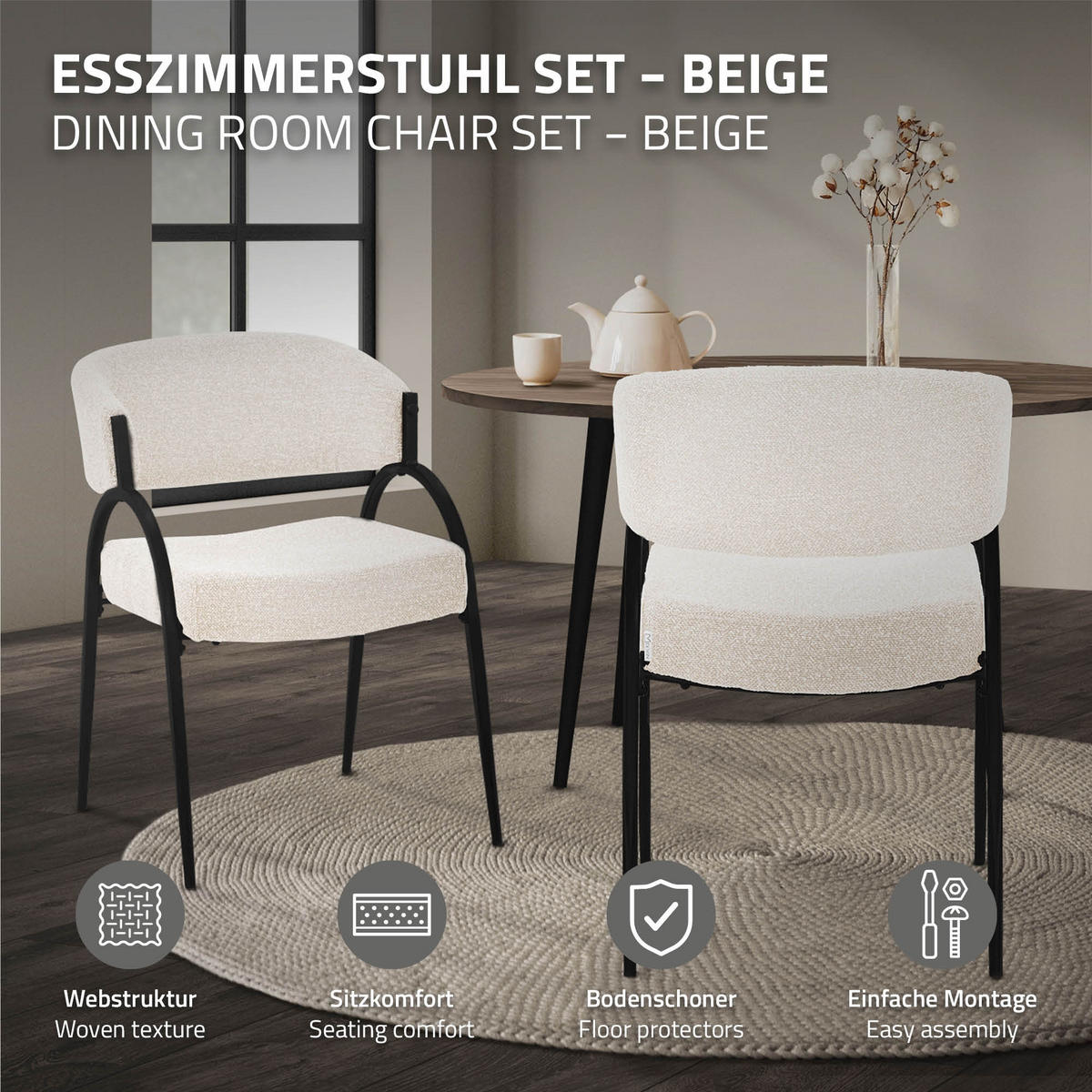 ESSZIMMERSTUHL 2er Set Küchenstühle gepolstert mit Webstoff-Bezug und Arm- und Rückenlehne Beige - Beige/Schwarz, Textil/Metall (54/81/65cm) - ML-DESIGN