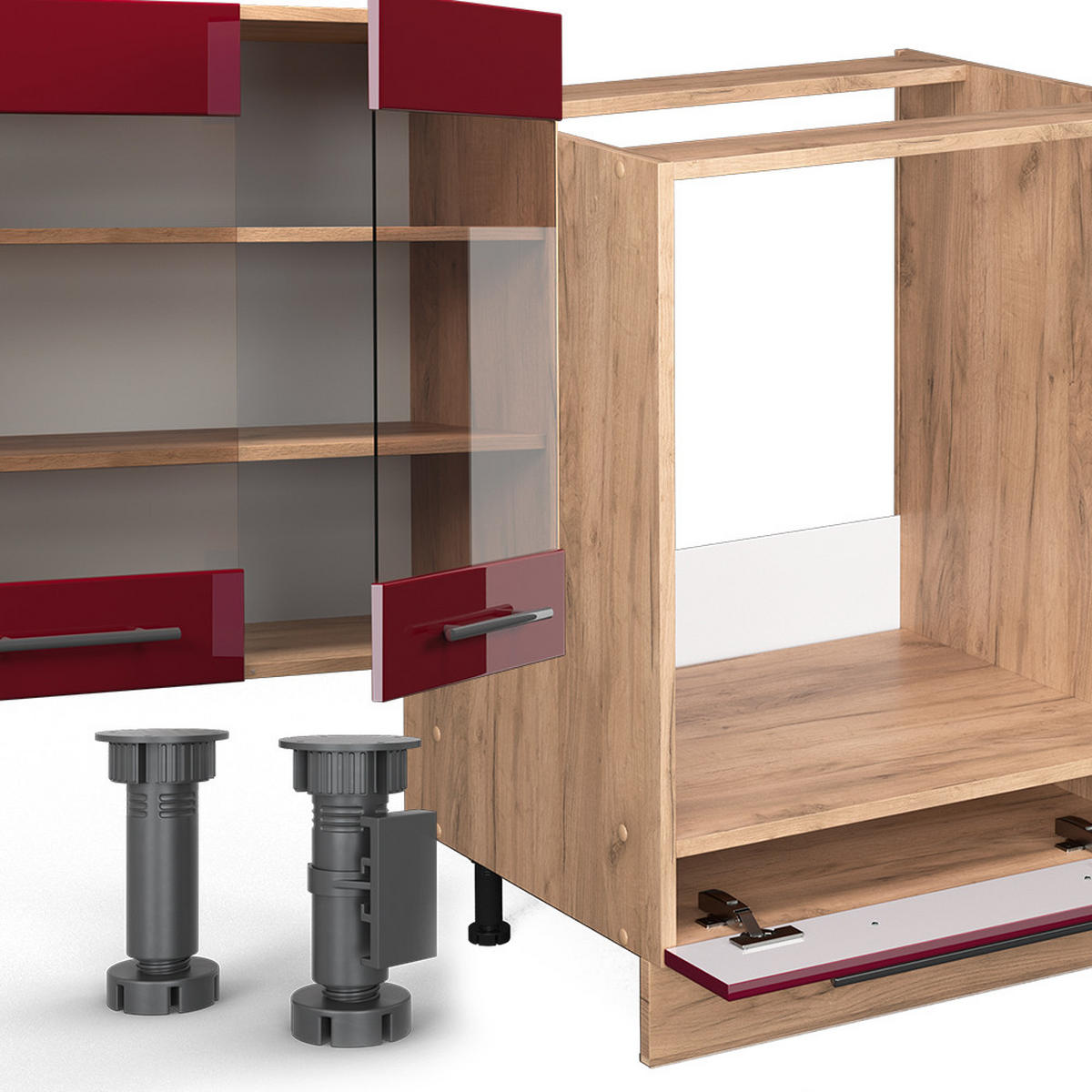 KÜCHENZEILE Fame-Line Bordeaux Hochglanz/Goldkraft Eiche 355 cm AP Marmor - Honigeiche/Bordeaux, Holzwerkstoff (355/81.6/60cm) - Vicco