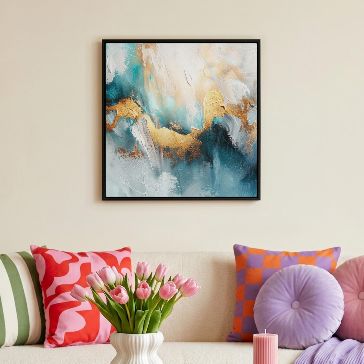 LEINWAND Bilder mit Rahmen - Abstrakt - Kunst - Gold - Blau - 50x50 - Petrol, Textil (50/50cm) - MuchoWow